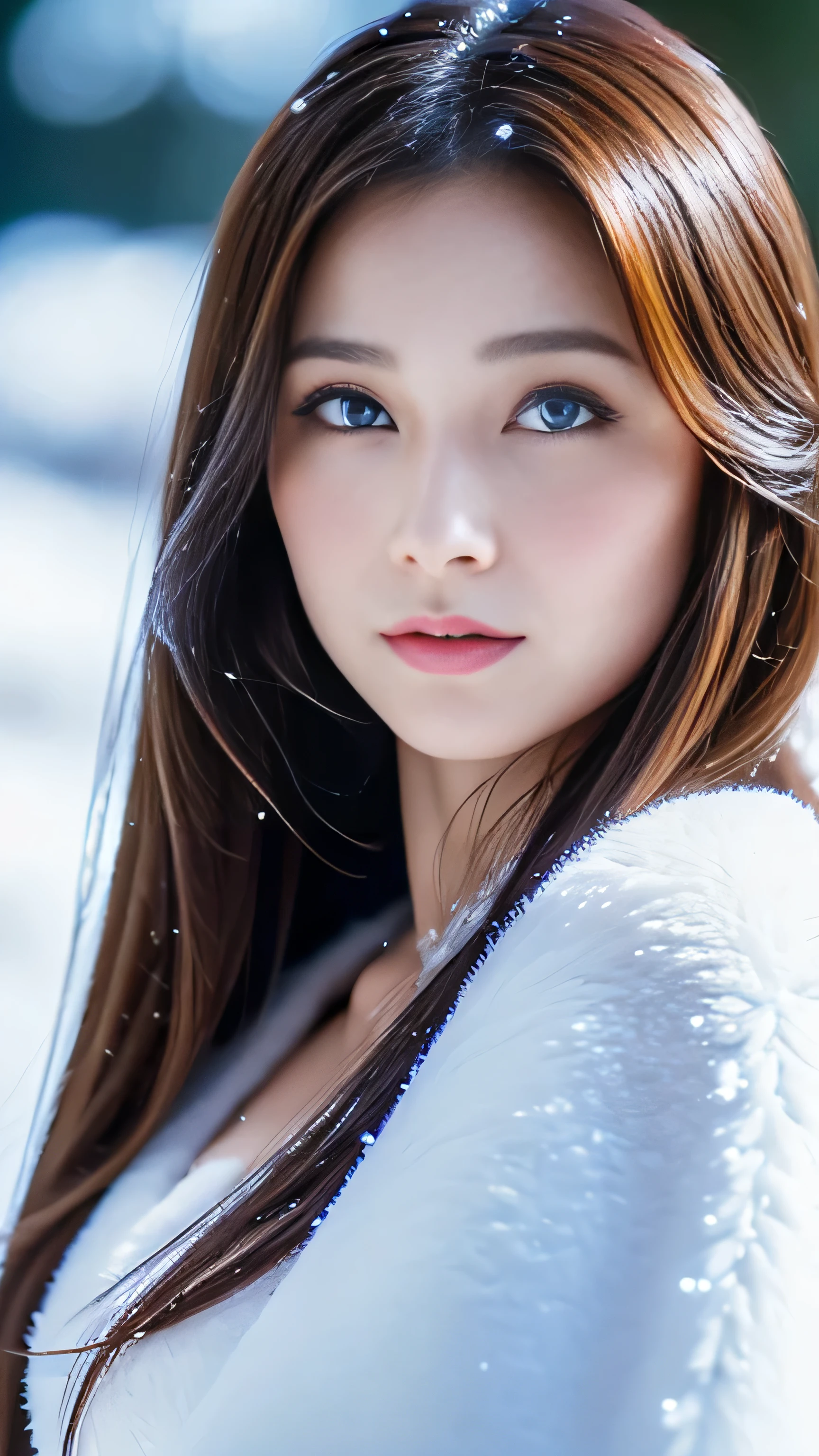 (highest quality, 8k, 32K，details are very clear),Realistic, High resolution, 1 Japanese Women, alone, (Lolita Costume)，Gorgeous costumes，Facing the audience，(Upper Body，Upper limbs)， Beautiful Eyes, brown hair, Ring-shaped eyes, (outside，Heavy snowfall，thick fur cape，Cover with snow)，Snowfield，blue eyes，highest qualityのイラスト，Detailed facial features