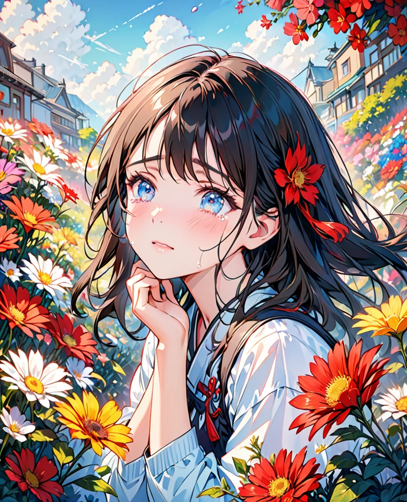 Beautiful girl cried,tears streaming down her cheeks,eyes very focused,surrounded by beautiful flowers,Bright and vivid colors,high saturation,8K,Super fine,Rich details,A masterpiece of extreme detail,high quality
