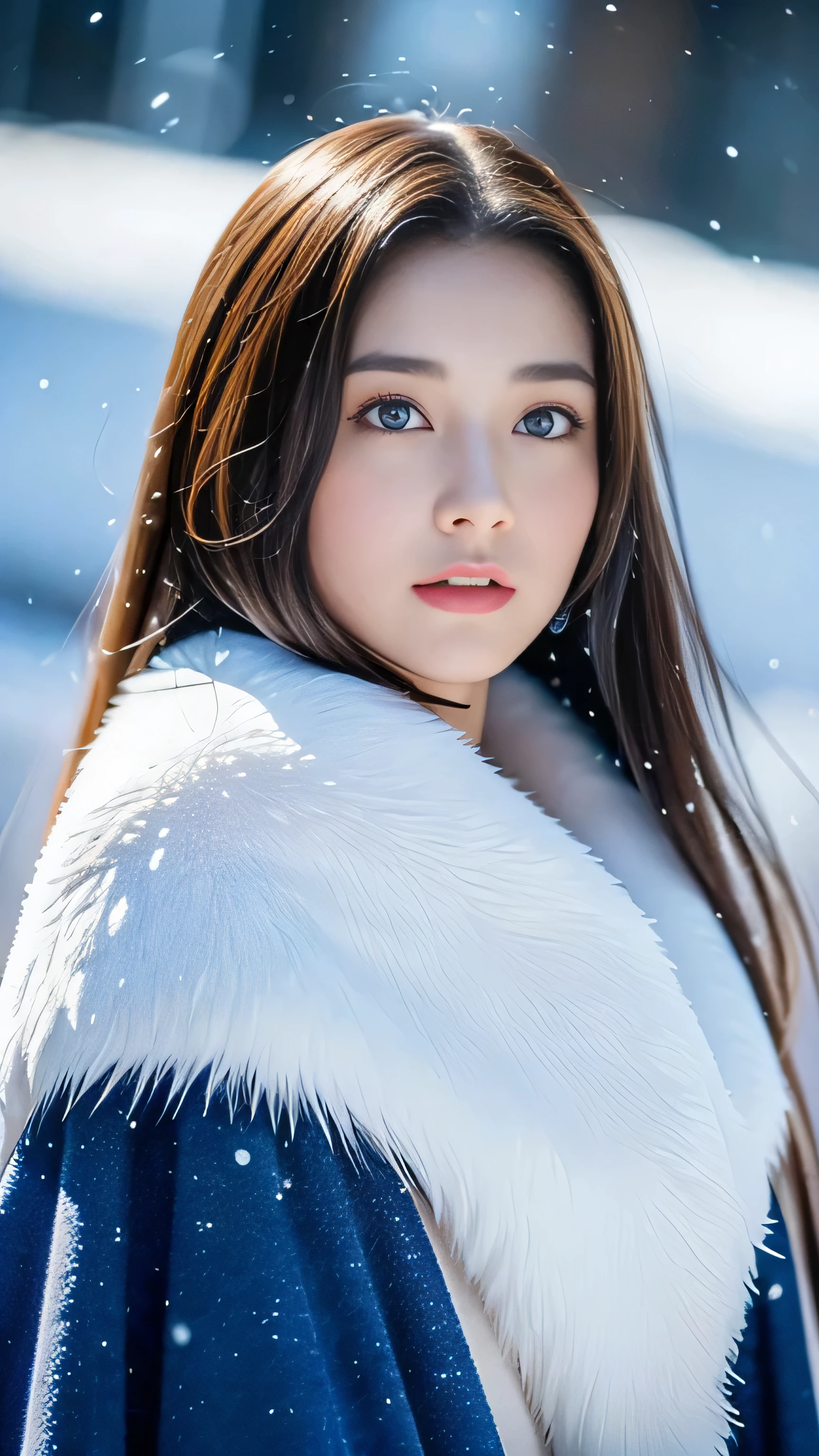 (highest quality, 8k, 32K，details are very clear),Realistic, High resolution, 1 Japanese Women, alone, (Lolita Costume)，Gorgeous costumes，Facing the audience，(Upper Body，Upper limbs)， Beautiful Eyes, brown hair, Ring-shaped eyes, (outside，Heavy snowfall，thick fur cape，Cover with snow)，Snowfield，blue eyes，highest qualityのイラスト，Detailed facial features