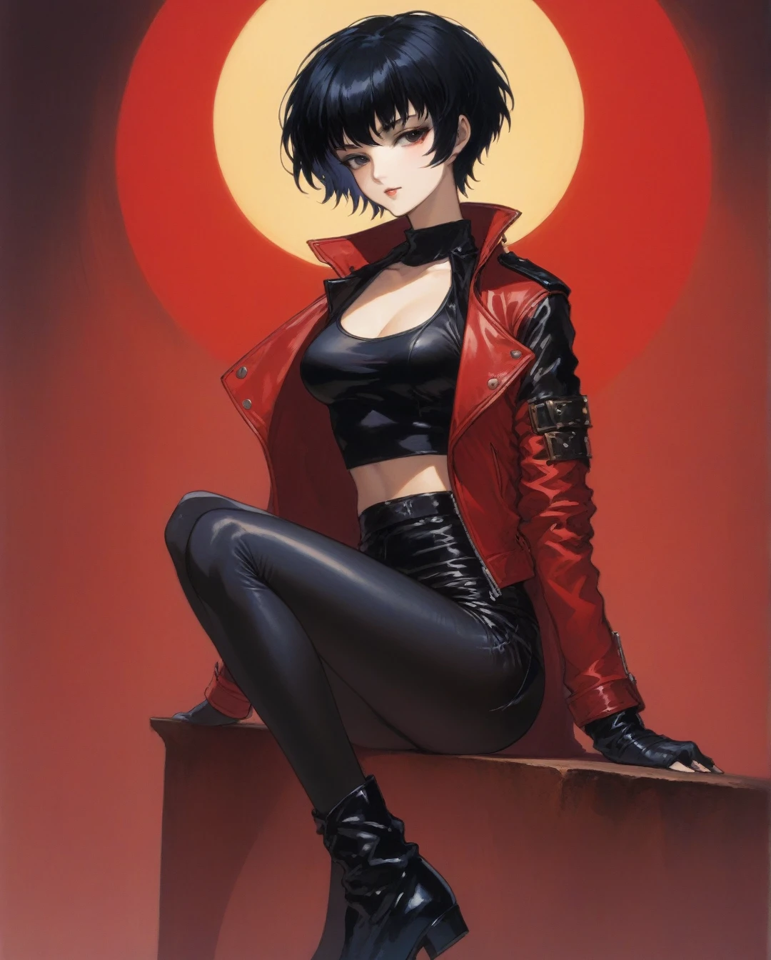 amano yoshitaka, a full-body, high-resolution anime style of A woman with black pixie cut hair, dressed in black tights, black boots, black crop top, and red leather jacket