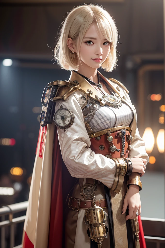 Woman portrait,Highest quality、Rear view、8K,Detailed face, clear, Fine skin、Clear, beautiful eyes、whole body、Curly Hair、My hair was messed up by the wind、The beauty of a smile、(Glamorous Muscle、tall),(Hip_superior, Hip superior), Mature Woman,( Watching the audience),Realistic, High resolution, Soft Light,1 female, alone, Hipアップ, Glowing Skin, (Detailed face), Sexy smile, Perfect Style, Perfect balance,Platinum gold hair,short hair,Naughty look,((Steampunk kimono,gyaru)),(,A white mecha with a checkered pattern of white, brown, silver, red and dark brown., High-tech Mecha,Beautiful steampunk cyborg woman,Burberry Check Steampunk Mecha Cyborg Girl,Light red steampunk light red and white jacket,Gemstone Helmet,wrist cuffs,belt,The king's cloak、Long skirt),((arms behind back)),(bokeh),(studio lighting)