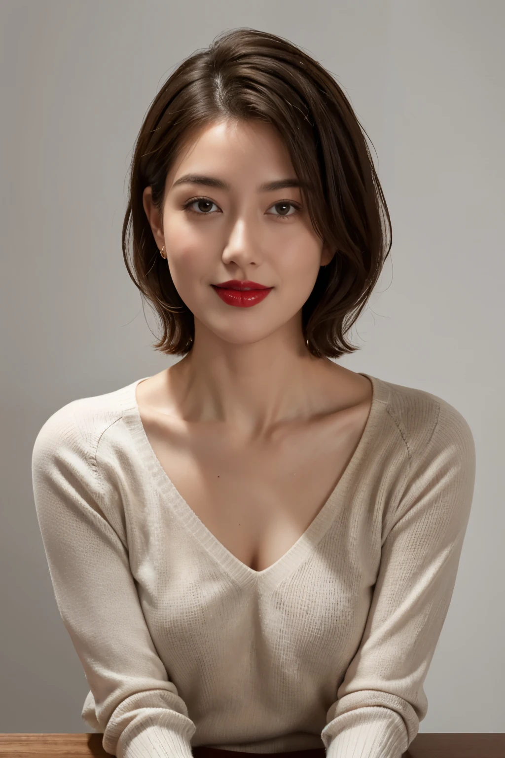 Tabletop, Highest quality, Realistic, Very detailed, finely, High resolution, 8k wallpaper, RAW Photos, Professional, High level of detail, 1 Girl, (((Red lips))), (A little chubby), ((Looking into the camera)), (look forward to), Plain gray background, Upper Body, short hair, Bob Hair, (Straight hair), Shapely breasts, Cleavage, Light-colored V-neck light knit sweater