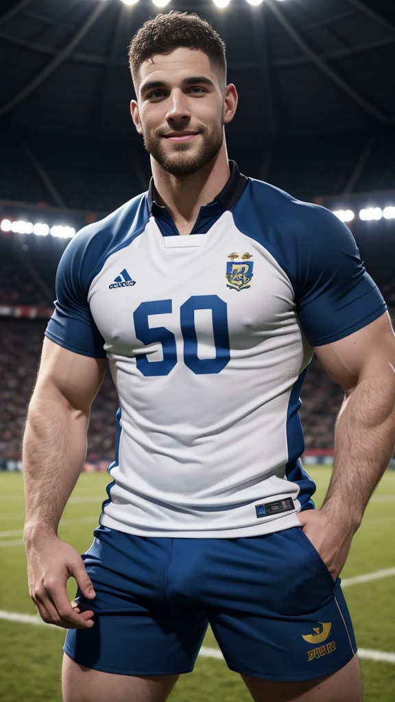1 pale man rugby player ,Full body, rugby player, sport tight pants, holding his cock bulge, rugby esportive uniform, Black wavy short hair fade , nice big eyes, shaved European 30yo man with large smile, large detailed lips, hard light, wearing team rugby uniform, muscular chest, long legs, staring at camera, neck tribal tattoo, Wide shoulders, infinite background, colorful uniform, vivid colors.