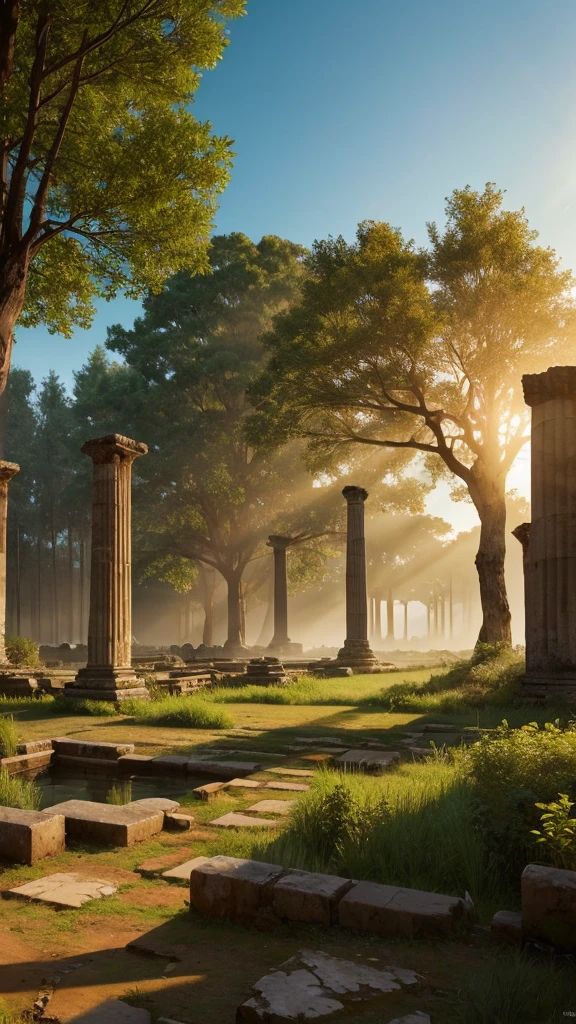 Photo-realistic landscapes,Ancient ruins,forest,Light of the sun,32k