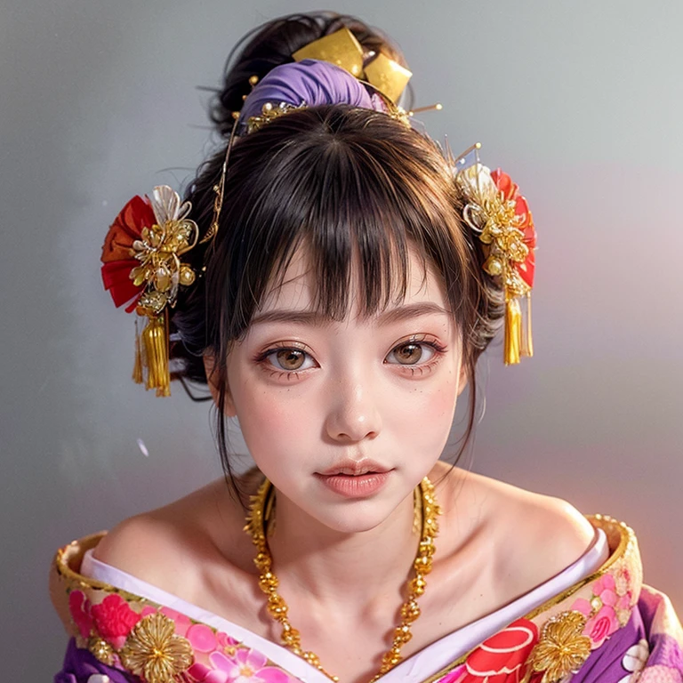 (PUNIPUNI clavicle KIMONO ((offshoulder)) KANZASHI FlowerHairpins Topknot TwinBun Oiran-Hair)High-level, 8K Masterpiece TopQuality, Ultra-detailed CG, Absurd detailed wallpaper, PerfectLighting, Extremely detailed (((Personifying " OIRAN " as a KAWAII Girl))), Characteristic Items, aesthetic LifeLike Rendering, MysticSight, Haze Tyndall Scattering, (Studio GRAY Background with (Oodles Dazzling Iridescent 🌈Particles (BokeH))), (((Assfocus)) RoundlyButt) ThighGap, (Exposed:0.44) 🔞 BREAK (Acutance:0.8), (NOGIZAKA FaceVariations) Extremely Detailed very KAWAII FaceVariations, Childish CaptivatingGaze ElaboratePupils ParfectEyes with (SparklingHighlights:1.28), (Voluminous LongEyelashes:0.88), 💄💋✨ GlossyRedLips with BeautifulDetails, CoquettishTongue, PUNIPUNI RosyCheeks, Radiant PearlSkin with Transparency, Glowing DowneyHair . { (Dynamic LifeLike expressions:1.4) | (:d) }, (large eyes:-1) .