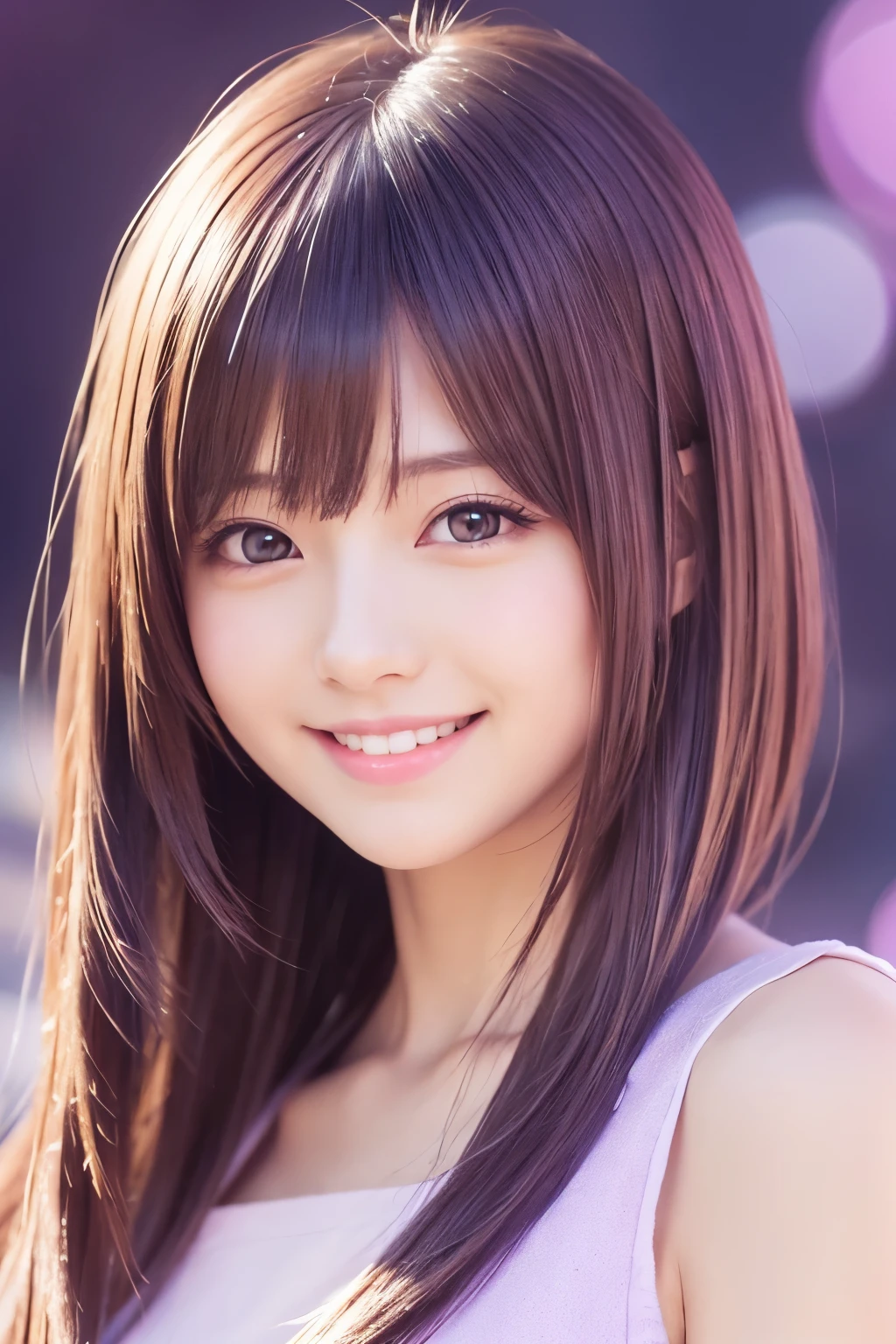 Long bob hair、cute、kind、bright、smile、Anime-style illustrations、Background light purple
