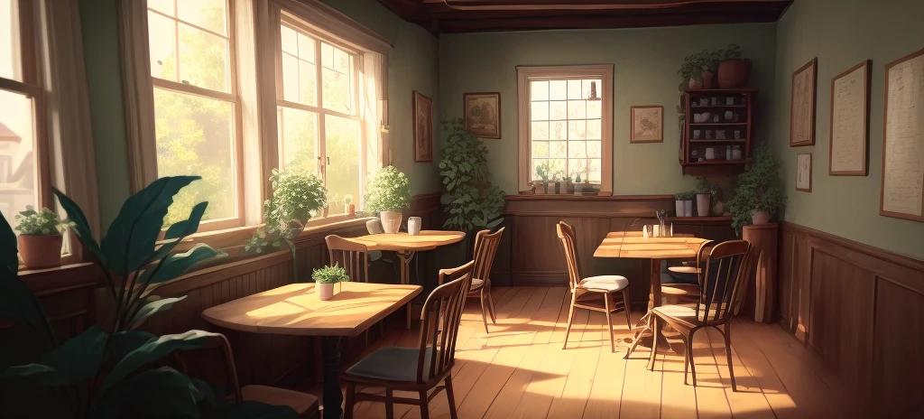 There is a room with a table, a chair and a clock., Cozy cafe background, Relaxing concept art, Realistic afternoon lighting, Lo-fi illustration style, inspired by senior environmental artist, Highly detailed scenes, Magical realism style, Cozy home background, Animation-style rendering, Realistic Establishing Shots, Indoor Scene, Highly detailed scenes, Indoor Background Art, coffee shop, environmental art