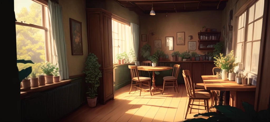 There is a room with a table, a chair and a clock., Cozy cafe background, Relaxing concept art, Realistic afternoon lighting, Lo-fi illustration style, inspired by senior environmental artist, Highly detailed scenes, Magical realism style, Cozy home background, Animation-style rendering, Realistic Establishing Shots, Indoor Scene, Highly detailed scenes, Indoor Background Art, coffee shop, environmental art