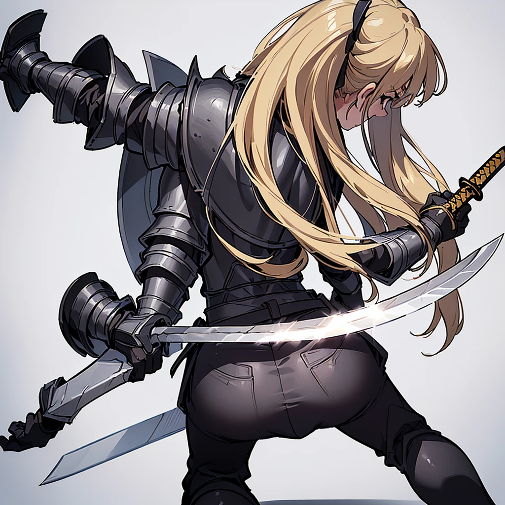 (Full body character concept)、(((Solo)))、Highest quality, Best Quality、8K、Best illustrations、(Full body character concept、detailed)、(((Gray simple armor、Black trousers、Black gloves))、(woman、18-year-old)、(Blonde、Long Hair)、(((Grab the sword)))、(Fighting stance,)、Dramatic Angle、(White background)、(From the back、Back view)