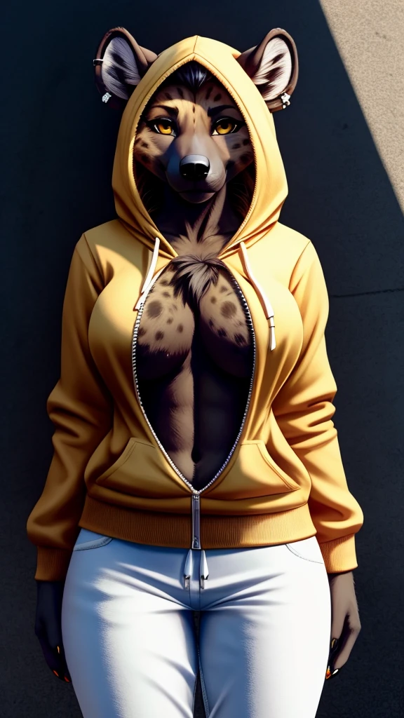 Hyena furry, female, solo, hoody, large chest