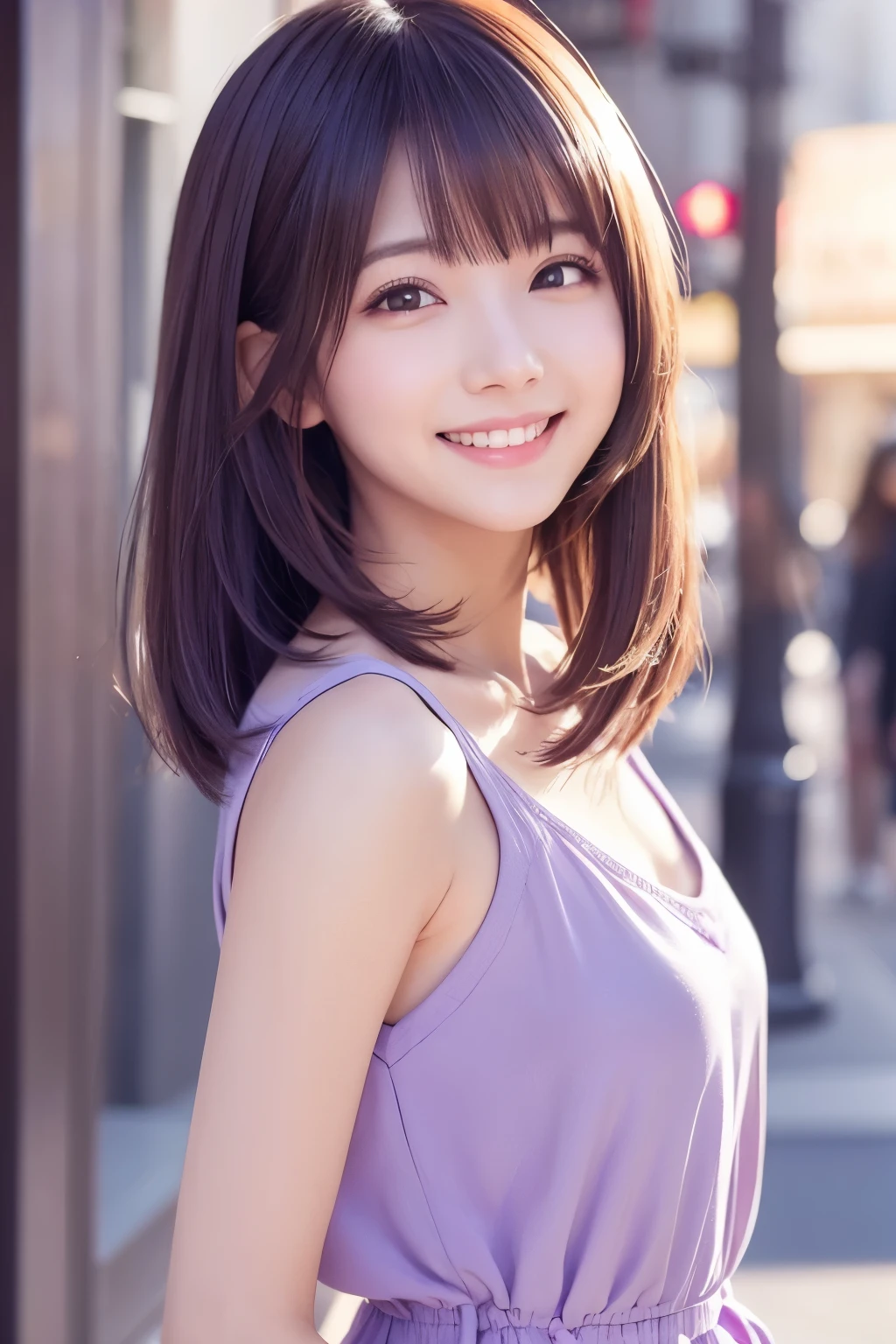 Long bob hair、cute、kind、bright、smile、Anime-style illustrations、Background light purple