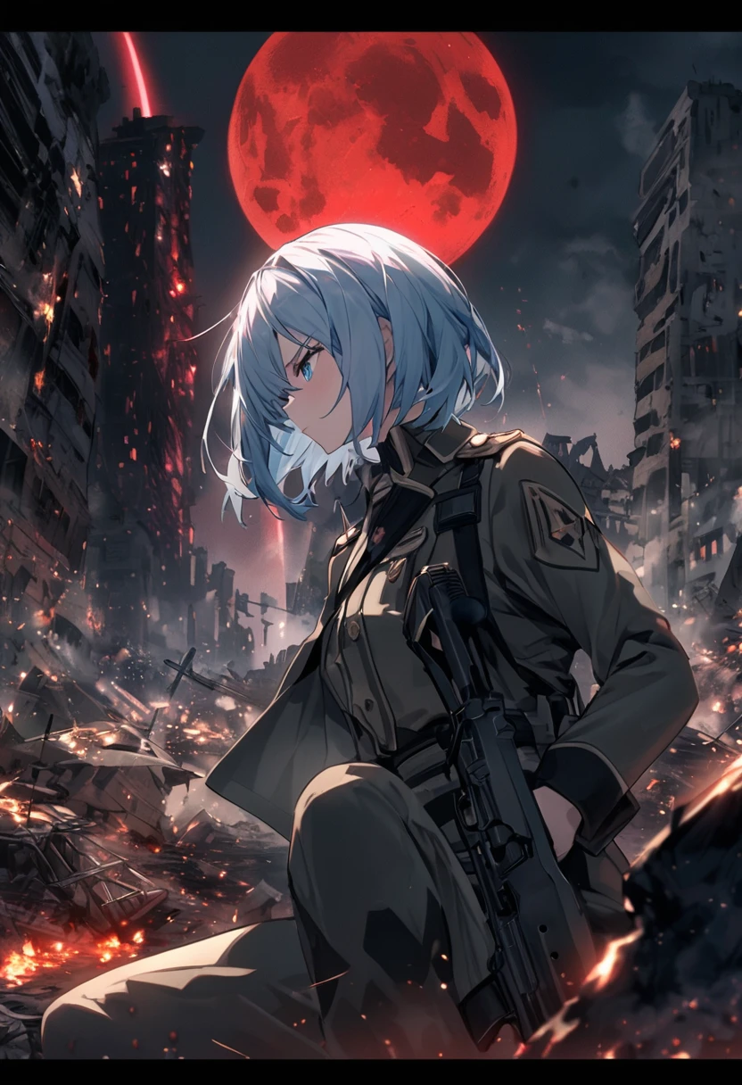 Facing forward　girl　Military uniforms with a white base and some black　Spectacular Background　A shooting star is falling　Beautiful night view　　　She is on the right　On the left you can see the destroyed city.　He has a gun　　　服にはplaneが描かれています　背景の上部にはFighterが飛んでいます　Red Moon　blue eyes　　There is one person　light blue long hair　wearing a military cap　war　I'm wearing pants　Precision　masterpiece　girlにクローズアップ　girlを正面から見ています　short hair　soldier　battlefield　{超Precision} Satanic　She's angry　But I&#39;m angry　Hanging eyes　Anime Style　 {war} {Gunfight} {Fighterの擬人化} Fighter　tank　Battleship　plane　Thunder Day　Mechanical Man　宇宙Battleshipヤマトの武装をつけています　A dignified expression　F-16Fighterの翼を背中につけています