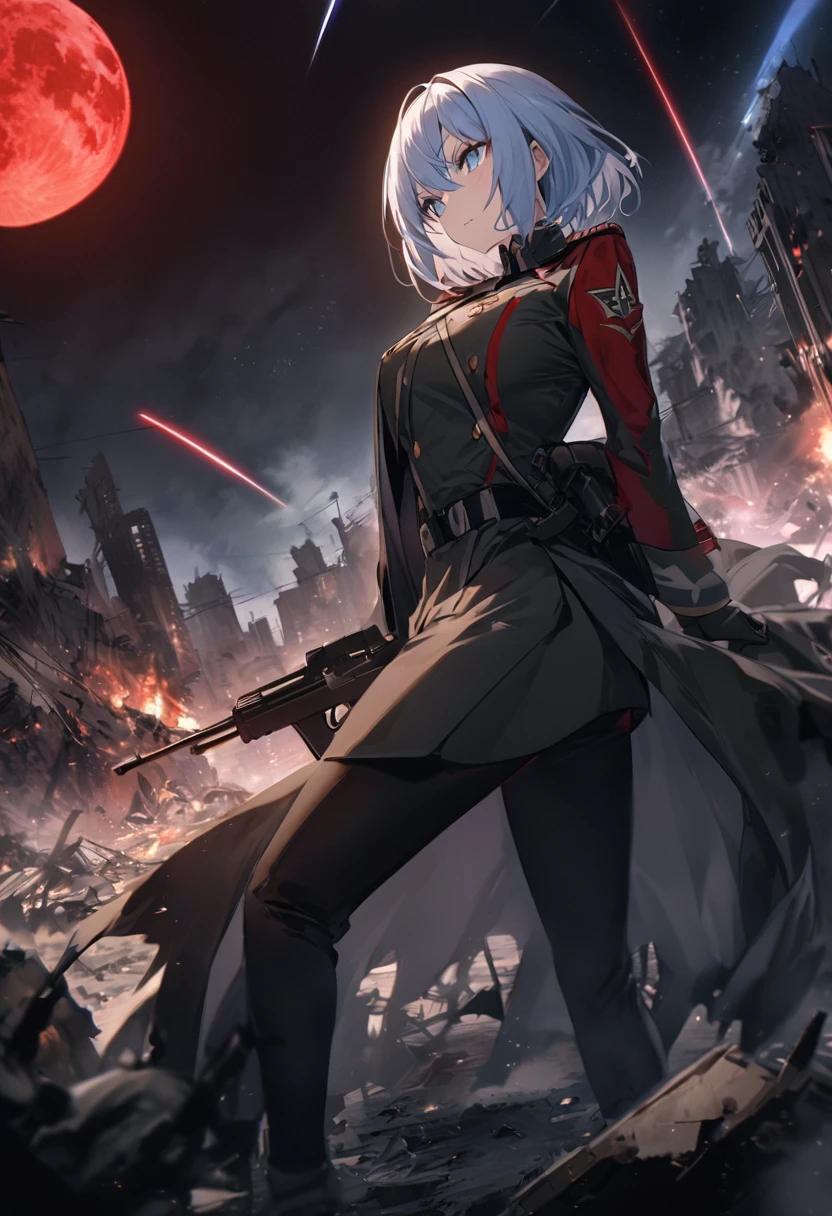 Facing forward　girl　Military uniforms with a white base and some black　Spectacular Background　A shooting star is falling　Beautiful night view　　　She is on the right　On the left you can see the destroyed city.　He has a gun　　　服にはplaneが描かれています　背景の上部にはFighterが飛んでいます　Red Moon　blue eyes　　There is one person　light blue long hair　wearing a military cap　war　I'm wearing pants　Precision　masterpiece　girlにクローズアップ　girlを正面から見ています　short hair　soldier　battlefield　{超Precision} Satanic　She's angry　But I&#39;m angry　Hanging eyes　Anime Style　 {war} {Gunfight} {Fighterの擬人化} Fighter　tank　Battleship　plane　Thunder Day　Mechanical Man　宇宙Battleshipヤマトの武装をつけています　A dignified expression　F-16Fighterの翼を背中につけています