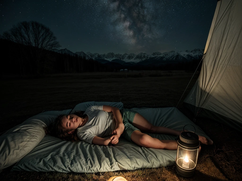 young white female and young white male sleeping on same cot, in boy scout field tent, space where second cot should be is empty, camping gear inside tent, lantern lighting, sleeping bag, realistic, photorealistic, high quality, detailed, 8k, masterpiece, natural lighting, warm tones, cozy atmosphere, adventure, outdoor, camping
