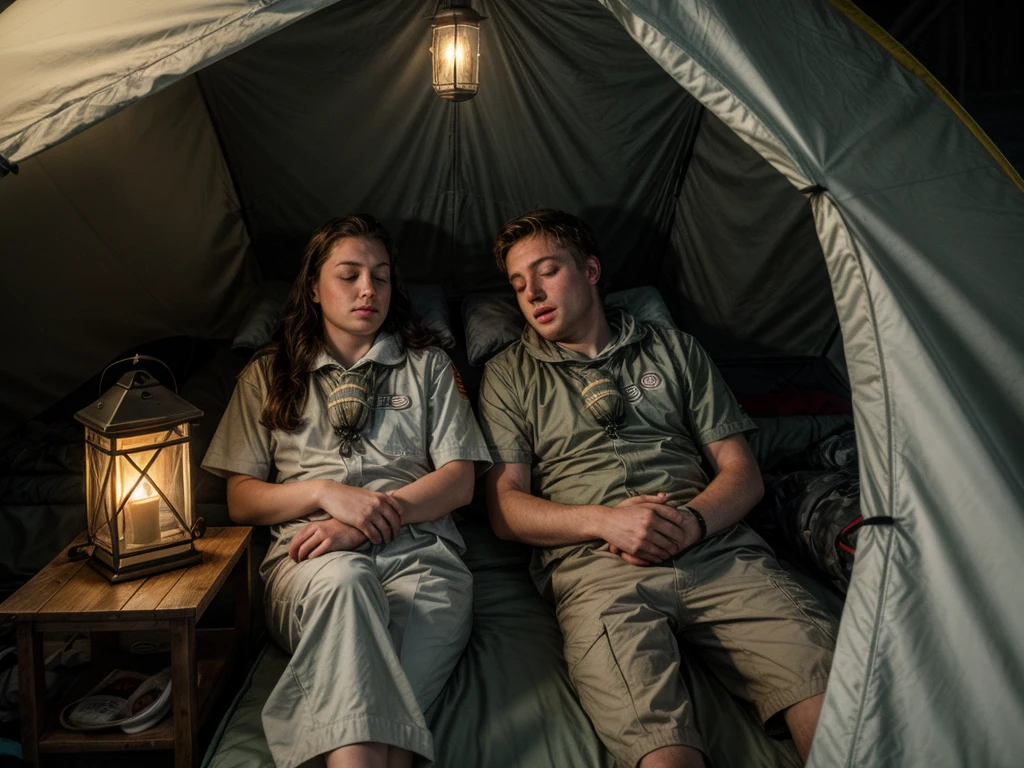 young white female and young white male sleeping on same cot, in boy scout field tent, space where second cot should be is empty, camping gear inside tent, lantern lighting, sleeping bag, realistic, photorealistic, high quality, detailed, 8k, masterpiece, natural lighting, warm tones, cozy atmosphere, adventure, outdoor, camping