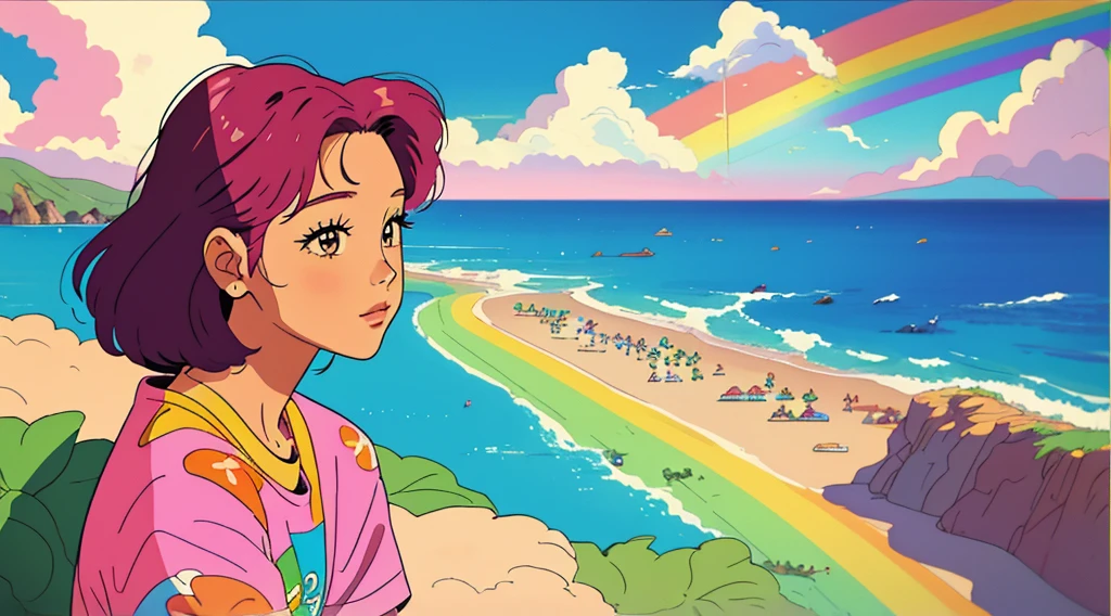 masterpiece, Highest quality, Rainbow Style, anime, Beautiful Asian Girl, K-Pop aesthetics and style, 80s American hippie style, Along the Hawaiian Coast, Cute and dreamy,anime,Illustrator,LOFI Girl,サーフィン
