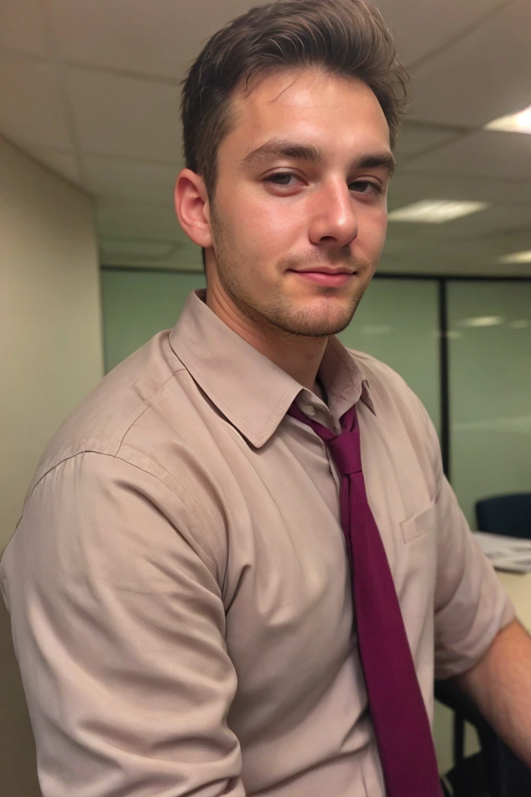 European male, office worker, serious, kind, beautiful skin, body and face facing forward like in an ID photo, positive, slightly overweight