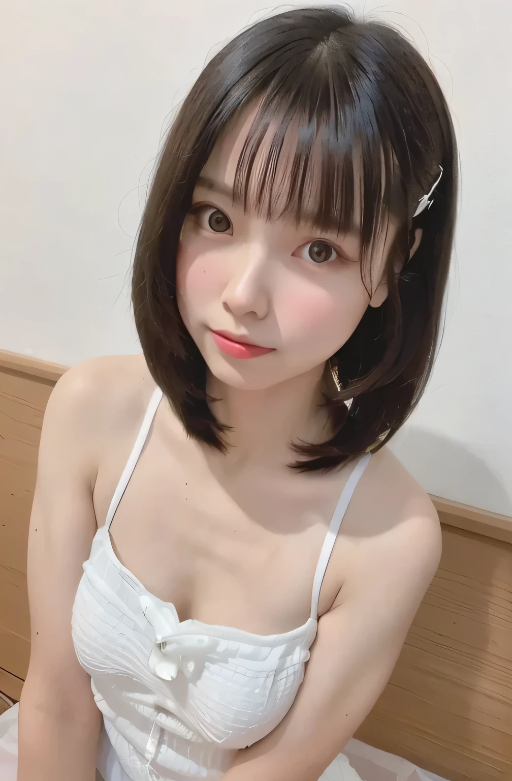 nude, ((Highest quality, 8K, Tabletop: 1.3, RAW Photos)), Sharp focus: 1.2, (1. AESPA Girl :1.1), (alone: 1.15), (Realistic, Realistic: 1.37), (Face Focus: 1.1), Cute face, Ultra detailed face, Bob cut with bangs, Has cleavage, Cafe, Night Bar, From below