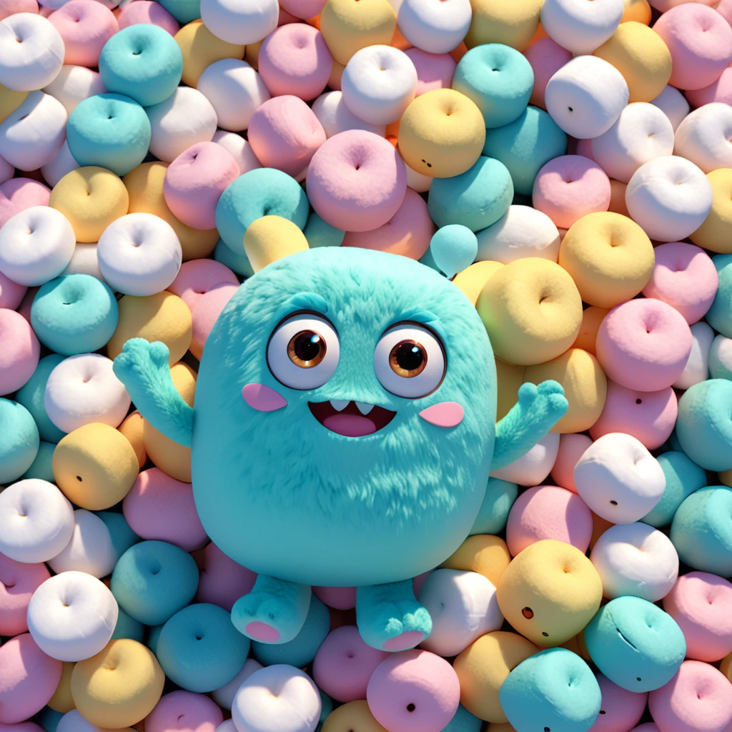 Marshmallow Monster
A cute marshmallow monster with big eyes and a fluffy, soft body, cheerfully floating in a land of marshmallows. The cartoon character is designed in the style of Pixar animation studio, created using C4D software. It has a pastel color scheme and showcases a content expression through a speech bubble. This cozy scene adds warmth to your mobile phone wallpaper. --ar 1:1 --v 6.0 --3D render