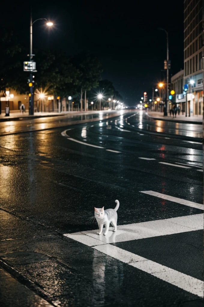 Gray cat with white in the middle of the street in the rain at night with people around
