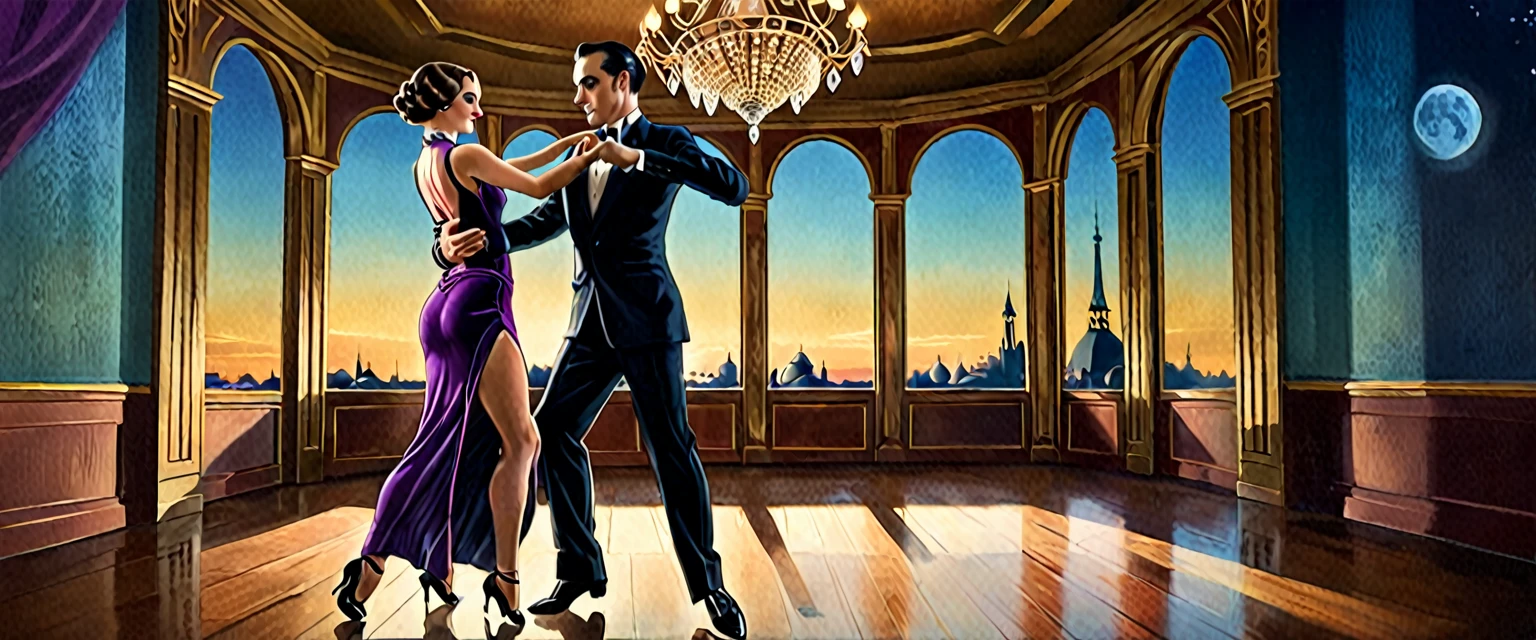 a man and woman dancing tango, art deco ballroom, warm color palette, 1920s, 1 man 1 woman, sexy tango dance pose, ballroom dancers, ornate art deco interior, detailed architectural features, chandelier, (best quality,4k,8k,highres,masterpiece:1.2),ultra-detailed,(realistic,photorealistic,photo-realistic:1.37), natural lighting, natural shadows, Outside the window is a balcony. a narrow french window with an arched top leads out to the balcony, man facing forward, woman facing away from viewer, dancing the tango, woman is wearing a purple dress with slit, she has her right leg out to the side, (exposing her thigh:1.5), Outside is dark, small stars are shining in (the dark blue sky:1.3), (dimly lit room:1.2), and shadows are cast on the eye sockets, making it impossible to read their expressions, detailed facial