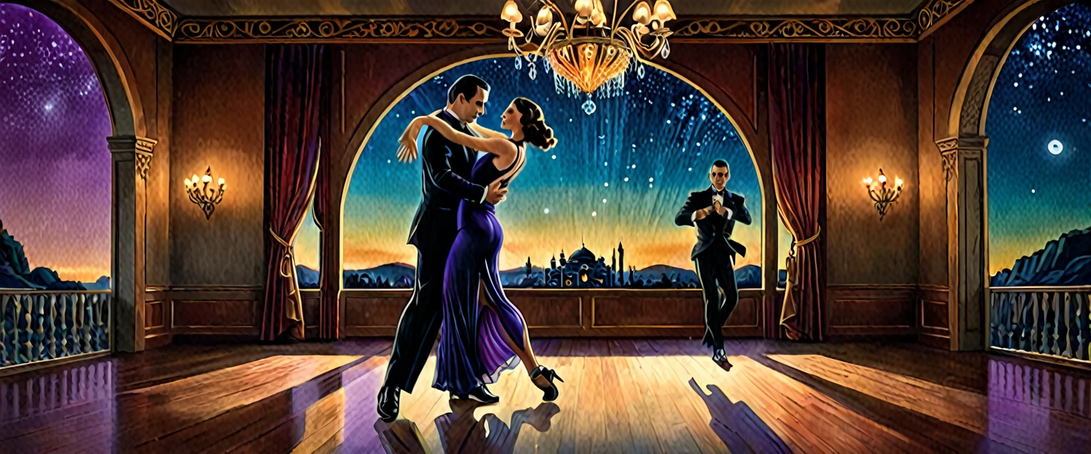 a man and woman dancing tango, art deco ballroom, warm color palette, 1920s, 1 man 1 woman, sexy tango dance pose, ballroom dancers, ornate art deco interior, detailed architectural features, chandelier, (best quality,4k,8k,highres,masterpiece:1.2),ultra-detailed,(realistic,photorealistic,photo-realistic:1.37), natural lighting, natural shadows, Outside the window is a balcony. a narrow french window with an arched top leads out to the balcony, man facing forward, woman facing away from viewer, dancing the tango, woman is wearing a purple dress with slit, she has her right leg out to the side, (exposing her thigh:1.5), Outside is dark, small stars are shining in (the dark blue sky:1.3), (dimly lit room:1.2), and shadows are cast on the eye sockets, making it impossible to read their expressions, detailed facial 