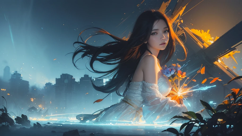32k, Masterpiece, Highest quality, One girl, Detailed eyes, flower,gladiolus, Light blue and orange style,A dreamy, romantic piece,Pale yellow, Mysterious Leaves,A playful arrangement,Fantasy,High Contrast,Ink strokes,explosion,Exposure, Impression of light blue and orange tones,Abstract,((Watercolours by John Berkey and Jeremy Mann )) Brush strokes,Negative Space, Tyndall effect,