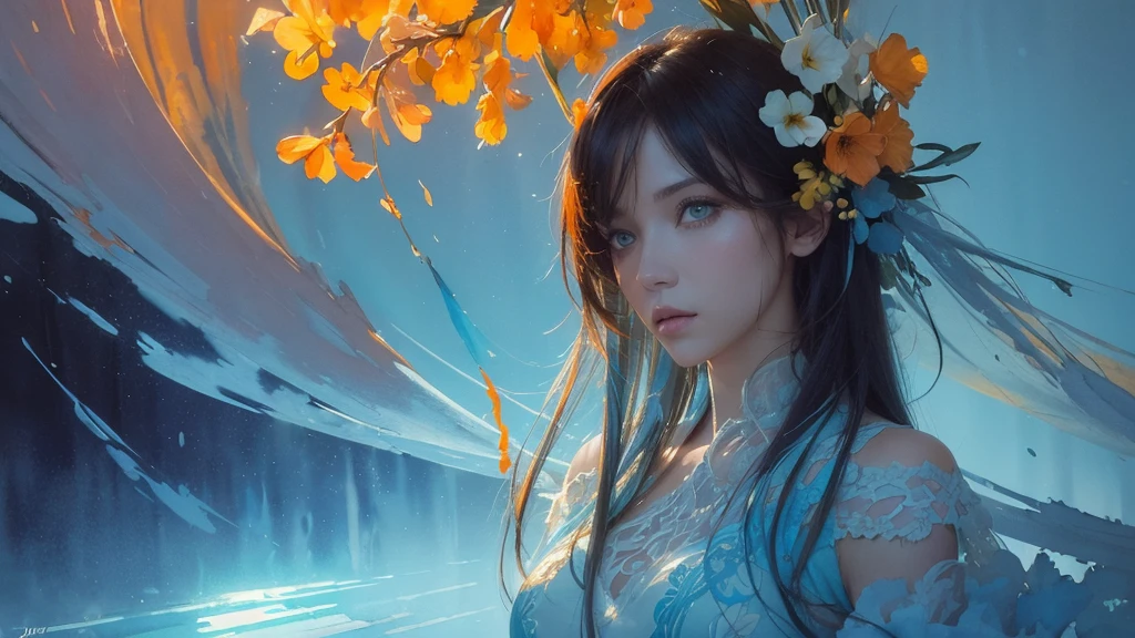 32k, Masterpiece, Highest quality, One girl, Detailed eyes, flower,gladiolus, Light blue and orange style,A dreamy, romantic piece,Pale yellow, Mysterious Leaves,A playful arrangement,Fantasy,High Contrast,Ink strokes,explosion,Exposure, Impression of light blue and orange tones,Abstract,((Watercolours by John Berkey and Jeremy Mann )) Brush strokes,Negative Space, Tyndall effect,