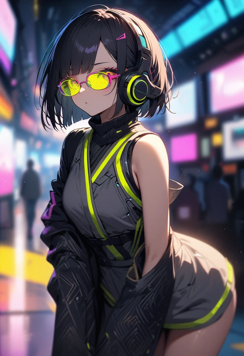 (blurry background:1.3), (extremely detailed fine touch:1.3), (super very black short hair:1.3), BREAK (((yellow underrim glasses:1.3))), headphones, kimono, bare legs, bare arms, BREAK (asian cyber punk:1.3), (neon:1.3), (innovative design:1.3), (zentangle:1.3), (nice view:1.3), (deep space:1.3),