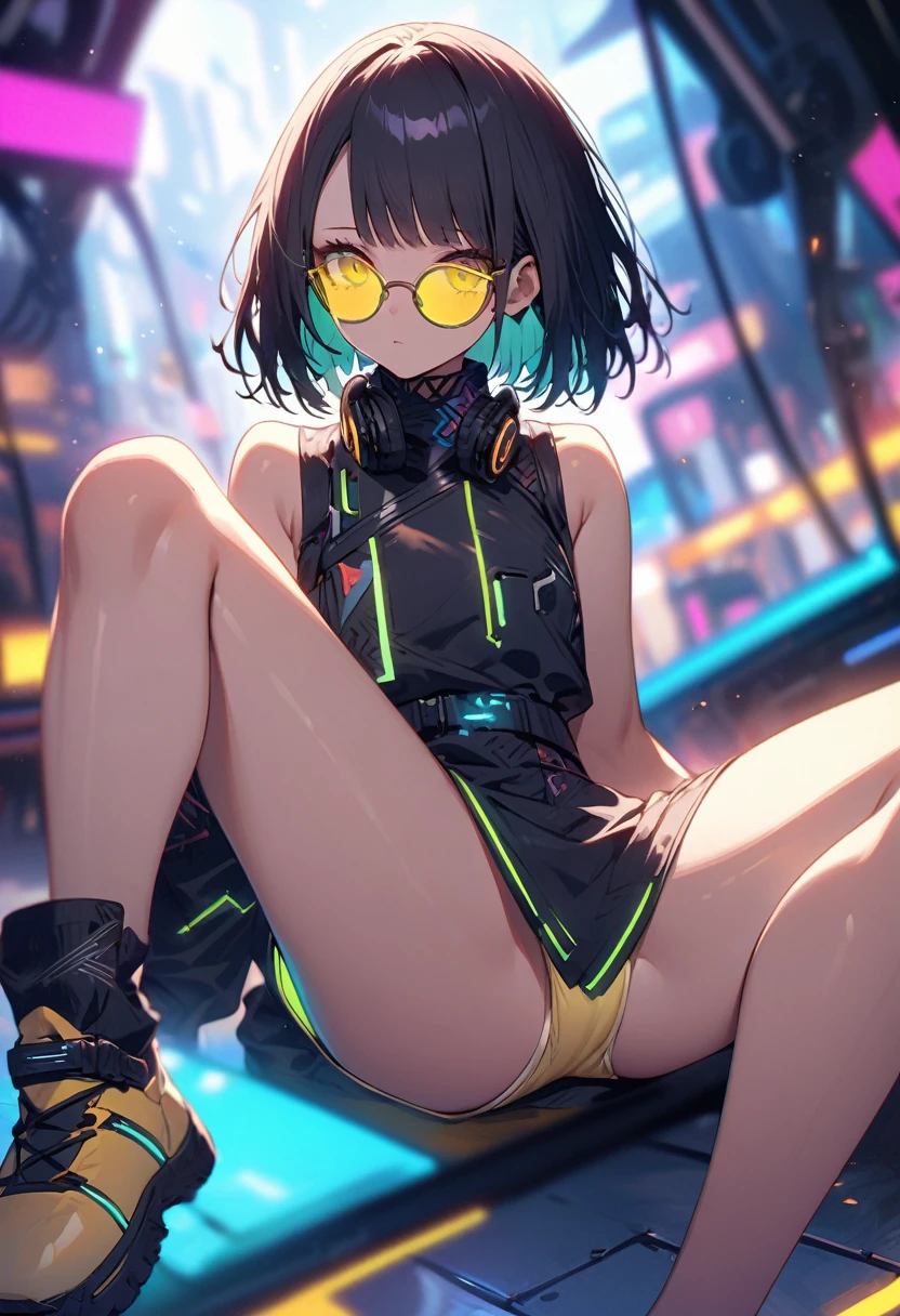 (blurry background:1.3), (extremely detailed fine touch:1.3), (super very black short hair:1.3), BREAK (((yellow underrim glasses:1.3))), headphones, kimono, bare legs, bare arms, BREAK (asian cyber punk:1.3), (neon:1.3), (innovative design:1.3), (zentangle:1.3), (nice view:1.3), (deep space:1.3),  