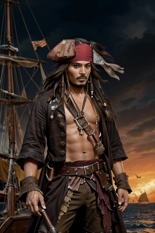 generate a captain jack sparrow image with artificial and motivative background