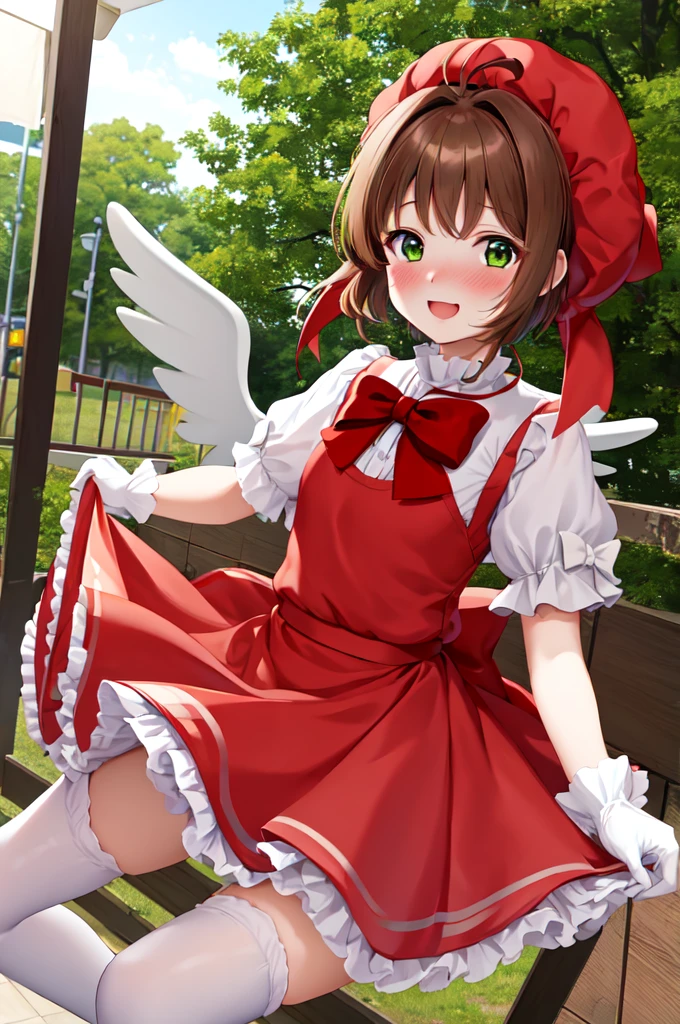 masterpiece, best quality, highres, kinomoto sakura, 1girl, brown hair, short hair, antenna hair, red headwear, green eyes, frills, red dress, puffy short sleeves, white gloves, red bow, white thighhighs, wings, standing, smile,(((lift skirt,panties))),from below,open legs,my room