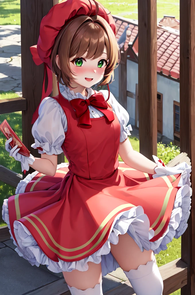 masterpiece, best quality, highres, kinomoto sakura, 1girl, brown hair, short hair, antenna hair, red headwear, green eyes, frills, red dress, puffy short sleeves, white gloves, red bow, white thighhighs, wings, standing, holding card, smile, blush, nose blush, skirt lift,