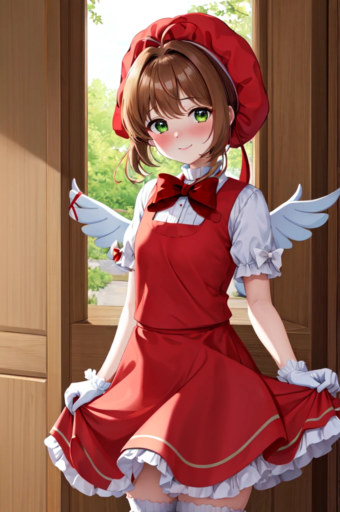 masterpiece, best quality, highres, kinomoto sakura, 1girl, brown hair, short hair, antenna hair, red headwear, green eyes, frills, red dress, puffy short sleeves, white gloves, red bow, white thighhighs, wings, standing, smile,(((lift skirt,panties)))