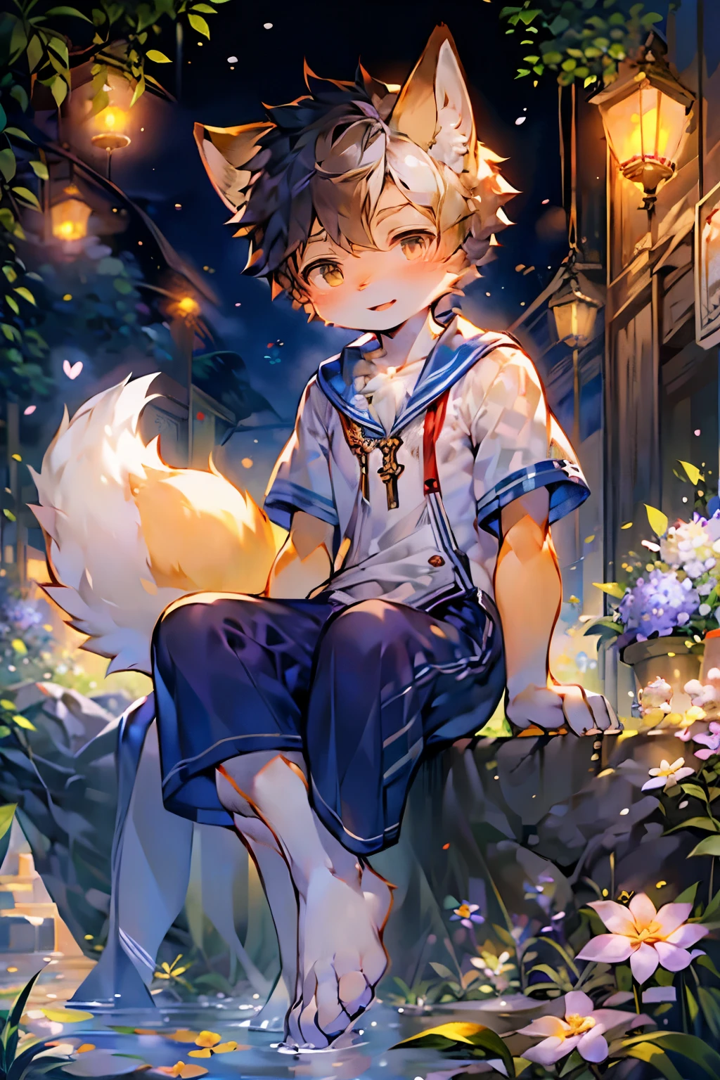 Fox Boy,furry men,Male focus,Characteristics of three-year-old boy,One meter three height,White Arm,Sailor Suit,Sitting among the flowers