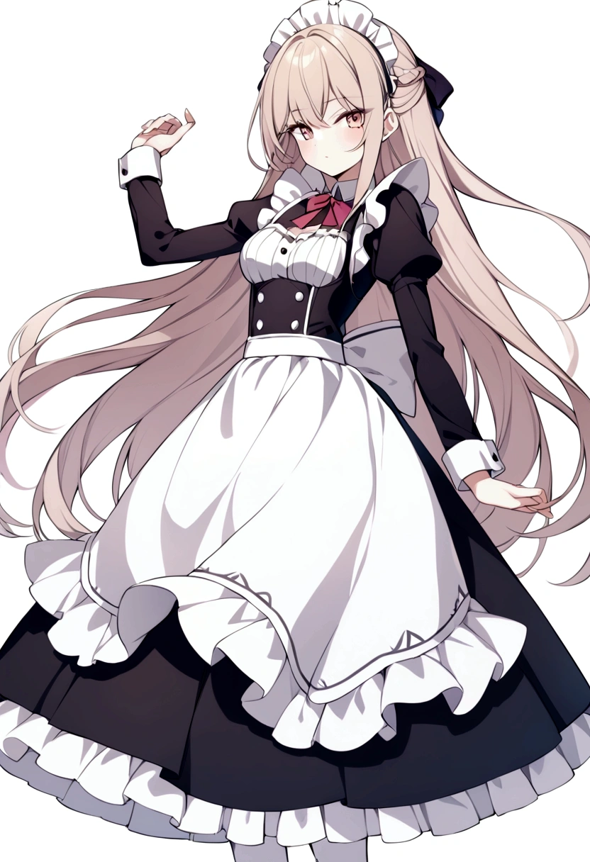 1 girl, eyebrows visible through the hair, Blonde hair, hair ornament, hairclip, long hair, I look at the viewer, Purple eyes, smile, One, apron, dress, frilled apron, long sleeves, Maid, Maid apron, Maid headdress, medium breast, puffy sleeves, skirt, Shion_Kujo,
