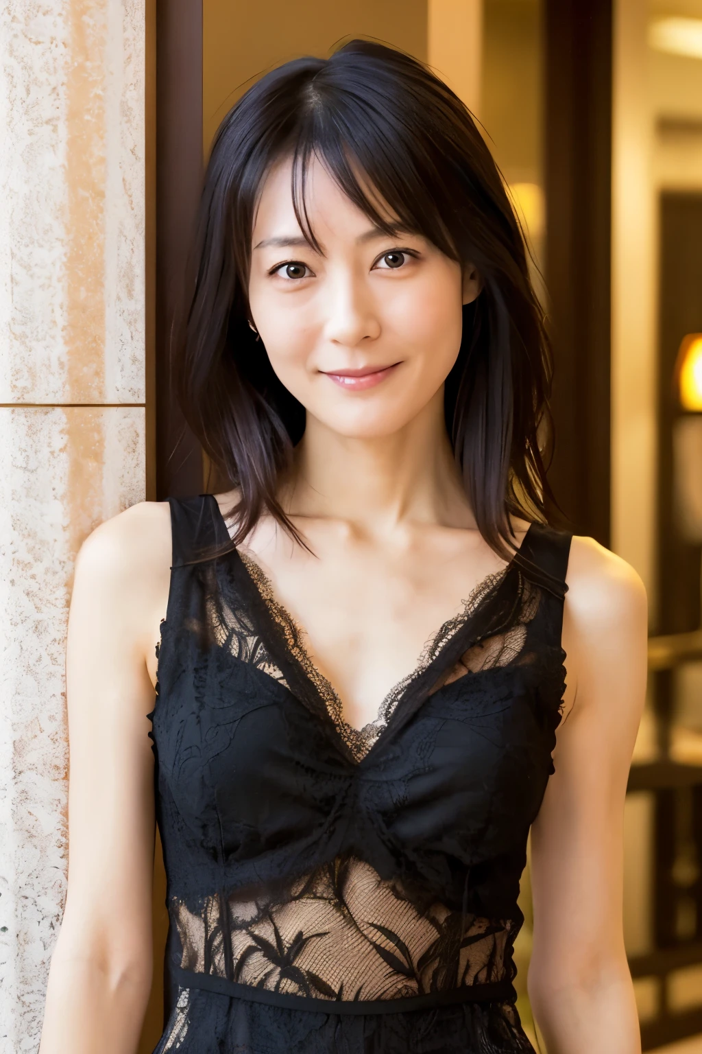 A skinny Japanese woman, {30|40} years old, 1girl, cute face, slight smile, ((detailed face, detailed eyes)), black {short|long} hair, medium breasts, very thin waist, correct human body structure, See-through lace mini dress, standing in a hotel lobby, (full body photo),