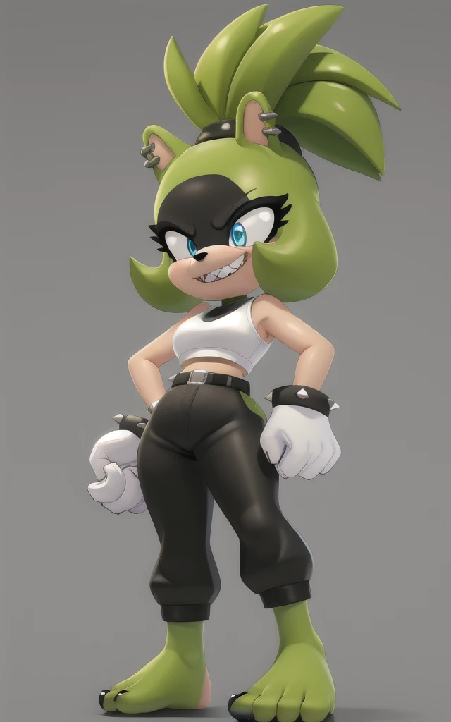 8k,4k,((Best quality, masterpiece, ultra high resolution)),((full body)), by pixelsketcher, SurgeV2,blue eyes, furry,furry female, sharp teeth, animal nose, green hair, ponytail, animal ears, green skin,  spiked hair,gloves,white gloves,crop top, black crop top,sweatpants, yellow sweatpants,earrings, piercing, ((Bare feet visible)),((Black nails)), five toes, belt, ear piercing, rings,((white background)),standing, hands on hip