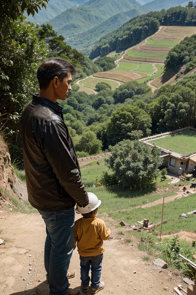 Old father and young son standing in edge cliff, the father try to show son how big the on going construction in rural area of mountain, zoom out, back side view