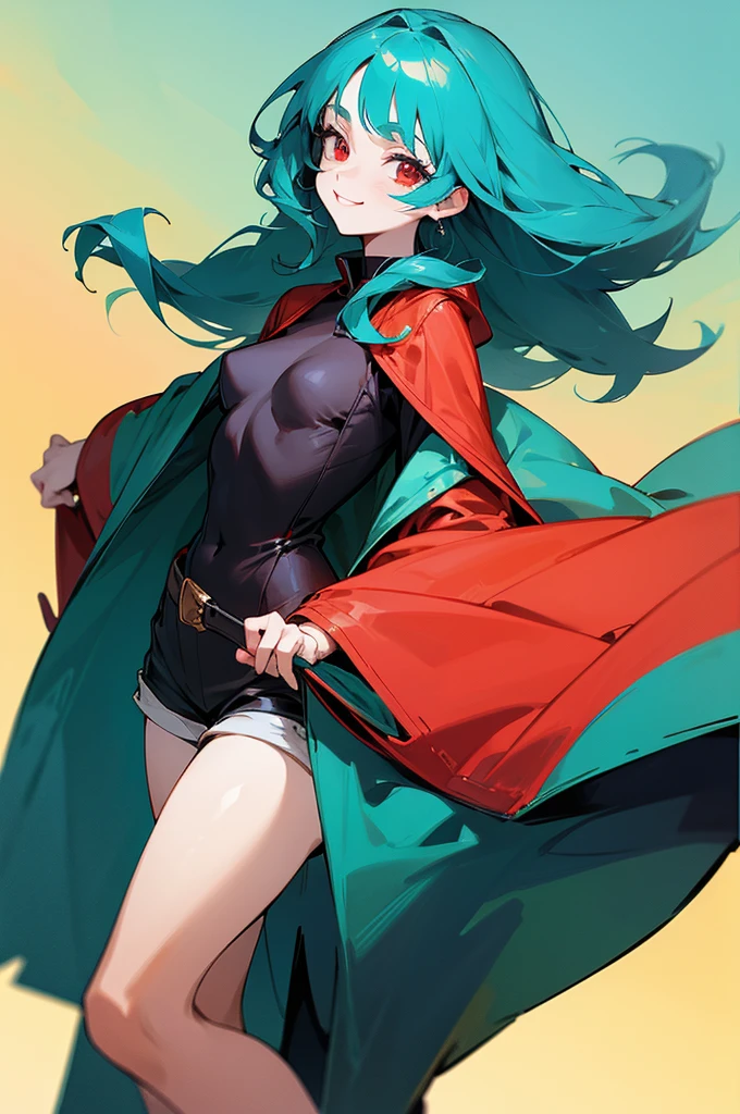 Beautiful woman, beautiful face, a big smile in her face, tall, hair down to the back, teal hair, big eyes, dark red eyes,  wearing an adventurer's outfit, wearing shorts, wearing a coat, small breasts, anime style.