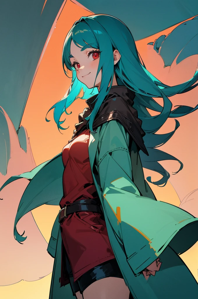 Beautiful woman, beautiful face, a big smile in her face, tall, hair down to the back, teal hair, big eyes, dark red eyes,  wearing an adventurer's outfit, wearing shorts, wearing a coat, small breasts, anime style.