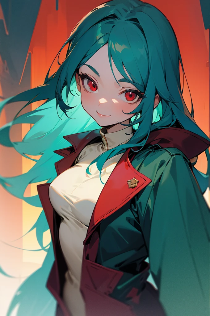 Beautiful woman, beautiful face, a big smile in her face, tall, hair down to the back, teal hair, big eyes, dark red eyes,  wearing an adventurer's outfit, wearing shorts, wearing a coat, small breasts, anime style.