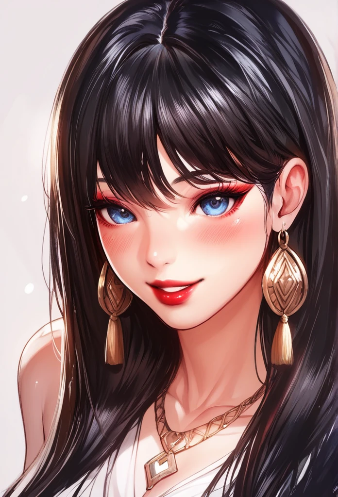 Hot sexy beautiful women , detailed lips , detailed blue eyes, big traditional heavy long tassel earrings , alluring face, necklace , detailed red lipstick ,black hair, blush , makeup , smiling