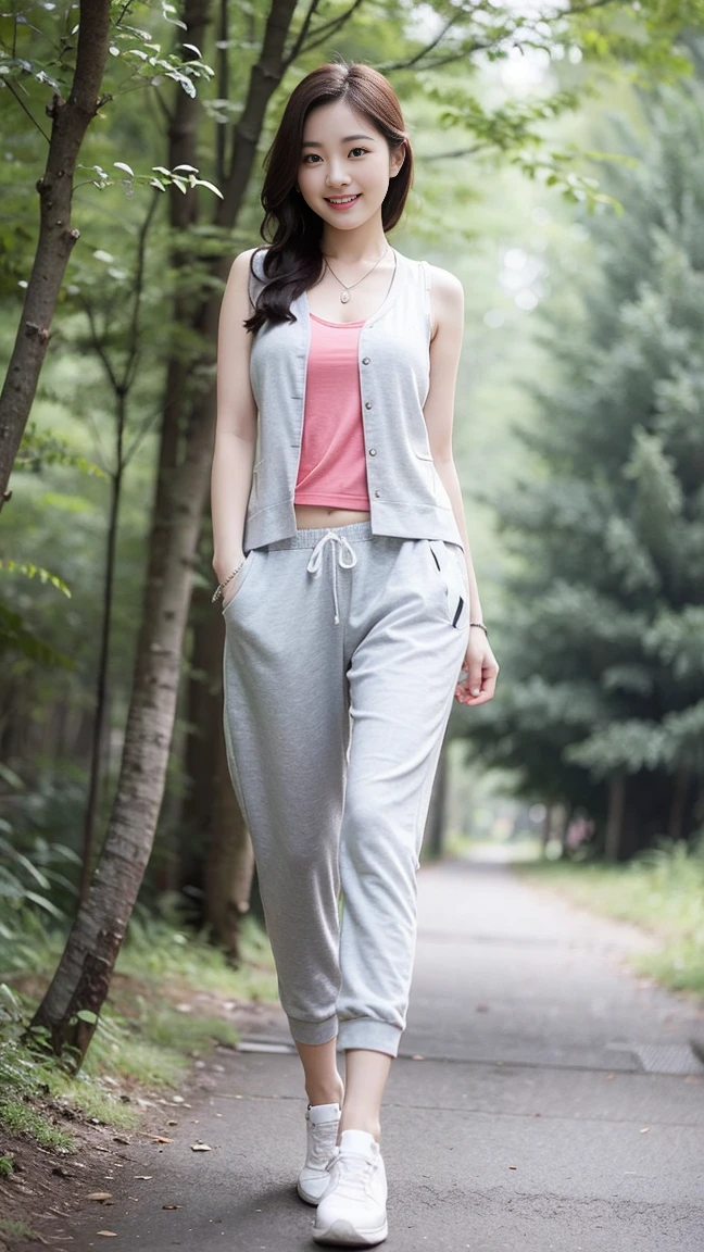 masterpiece, best quality, Surreal, Ultra Detailed, 8k resolution, RAW photos, Clear focus,Beautiful Korean woman, 36 inch chest size, Smile, Wearing a patterned vest, necklace,Long sweatpants,Full body posture, White shoes,Solitary, Perfect body, Become a,(a charming smile:1), (sexy pose),(standing pose) ,(A girl in the forest),