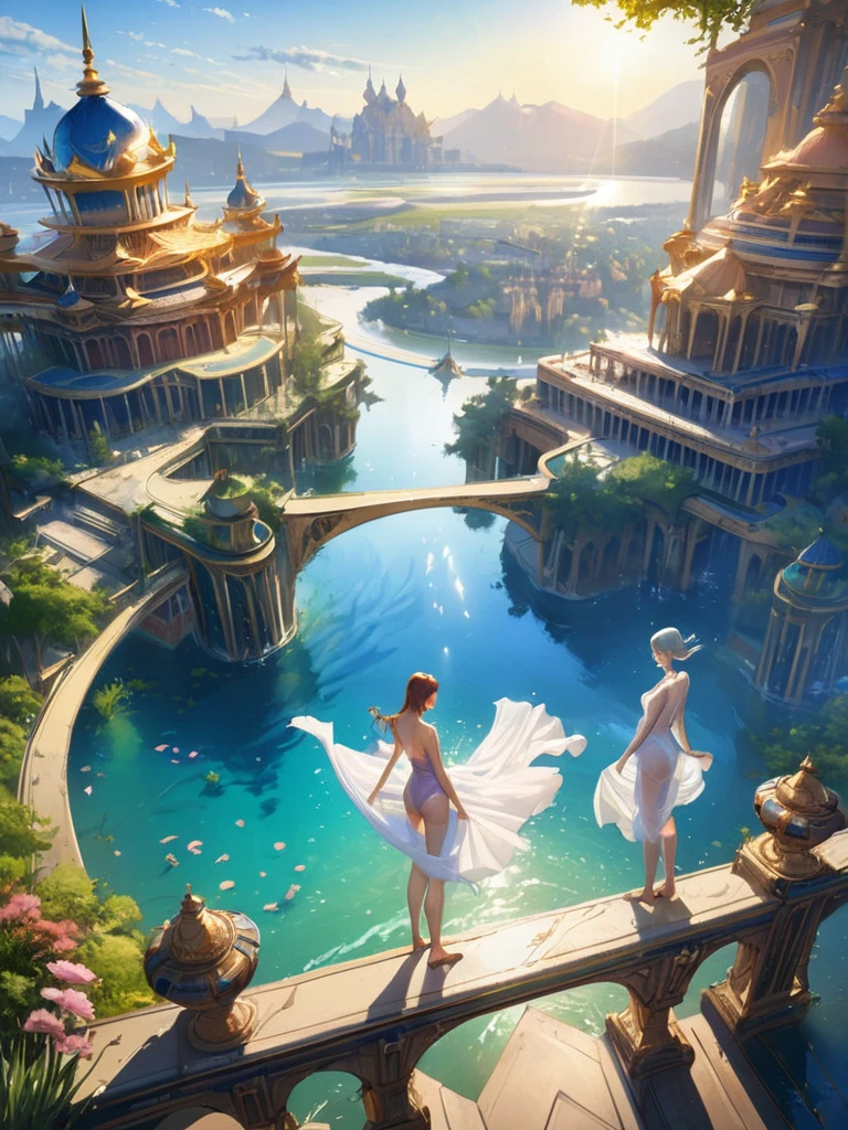 2girls,(masterpiece:1.2),best quality,multicolored,masterpiece,best quality,((an extremely delicate and beautiful)),floating,(detailed wet clothes),(detailed light),feather,nature,(sunlight),river,floating palace,beautiful and delicate water,(bloom),(shine),panorama,landscape,