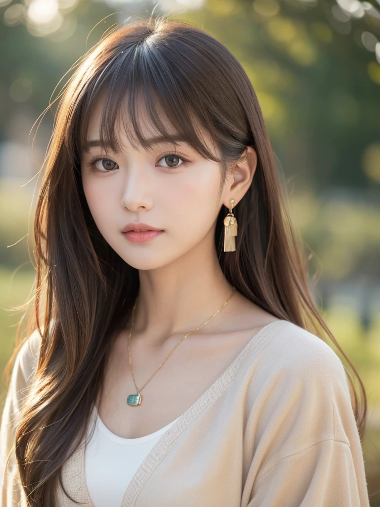  ((Highest quality, 8K, masterpiece:1.3)), concentrate: 1.2, Perfect body beauty: 1.4, Hips: 1.2, ((Long Hair, chest: 1.2)), (Dry clothes: 1.1) , (clear, Simple Background:1.3), Simple clothes: 1.1, Highly detailed face and skin texture,Delicate eyes, double eyelid, Whitened skin, Rough skin、Long Hair、Earrings with bangs、necklace、 solo、Beige coat、White shirt,  (((Beautiful girl with cute Japan)))、  ((Beautiful Japanese girl 20 years old))、 (())、 (((Slender body)))、  Upper Body，Face focus、necklace，Simple Background，From above， Realistic Hair、 A photograph was taken:Canon EOS R6、135mm、1/1250 seconds、f2.8、ISO400、(Detailed explanation of the hand)、(Masseter muscle area)、(Exquisite CG)、Long Hair, loose and curly hair、Korean Hair、Long Hair明るいベージュ色、グラデーションハイライトグレージュのゆるふわLong Hairスタイル、