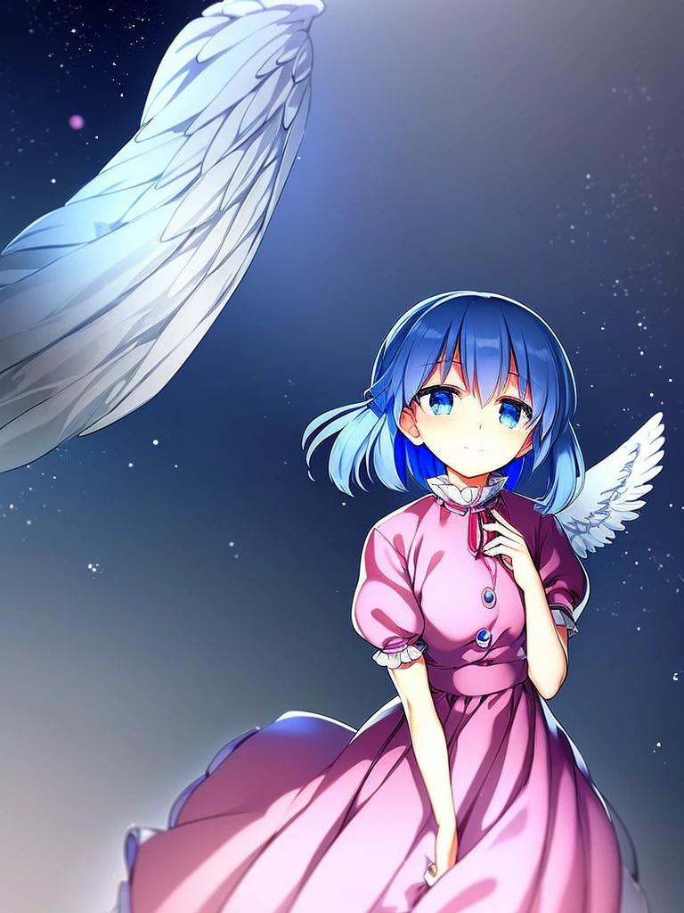 masterpiece, best quality, 1girl, , , 10 years old, medium blue hair, hair flaps, pink ribbon on head, well-formed face, blue eyes, angel girl, white blouse, puffy short sleeves, red ribbon, angel wings, long white skirt, red shoes, frills, ribbon head