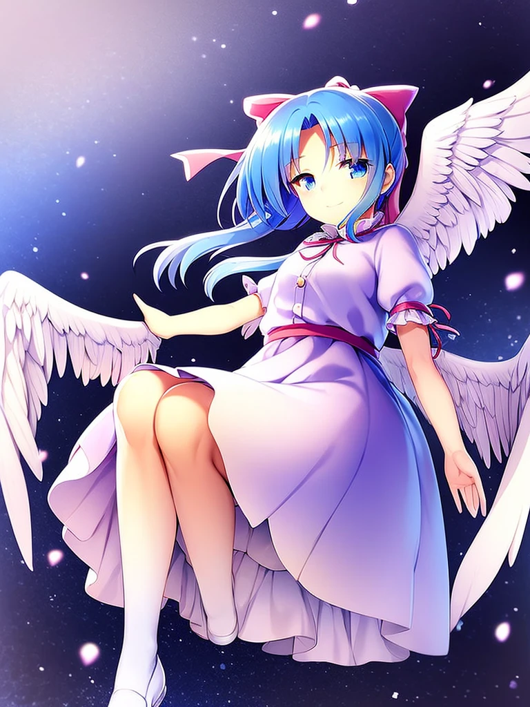 masterpiece, best quality, 1girl, , , 10 years old, medium blue hair, hair flaps, pink ribbon on head, well-formed face, blue eyes, angel girl, white blouse, puffy short sleeves, red ribbon, angel wings, long white skirt, red shoes, frills, ribbon head