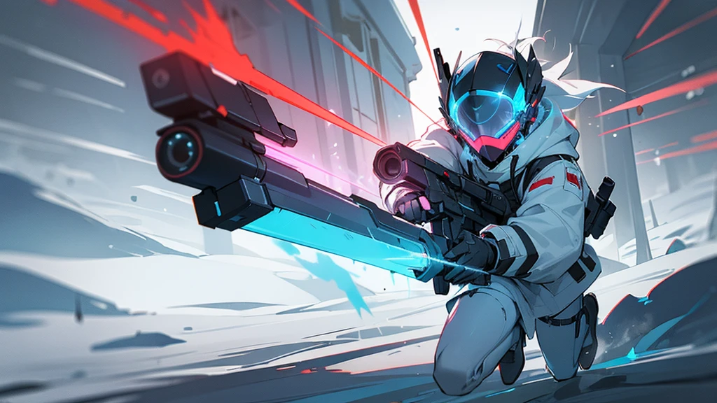a FPS class/skill in which you have a plasma gun and you become temporarily invisible, the operator wearing a hood in white and a white mask with a red narrow arrow like visor, running and shooting blue plasma, the scene is happening in a snowy area with small ice mountains