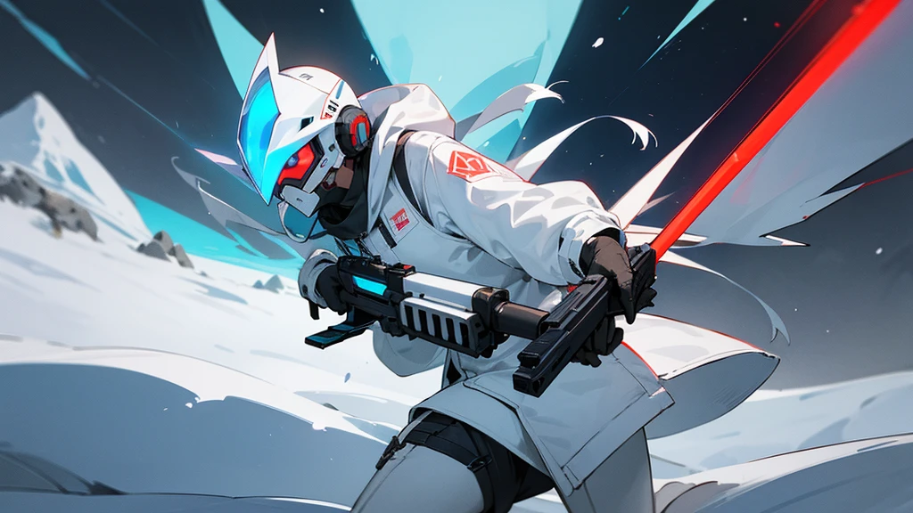 a FPS class/skill in which you have a plasma gun and you become temporarily invisible, the operator wearing a hood in white and a white mask with a red narrow arrow like visor, running and shooting blue plasma, the scene is happening in a snowy area with small ice mountains